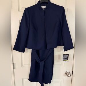 NWT Le Suit Women’s Jacket and Belted Sheath Dress Suit Set Navy 14P